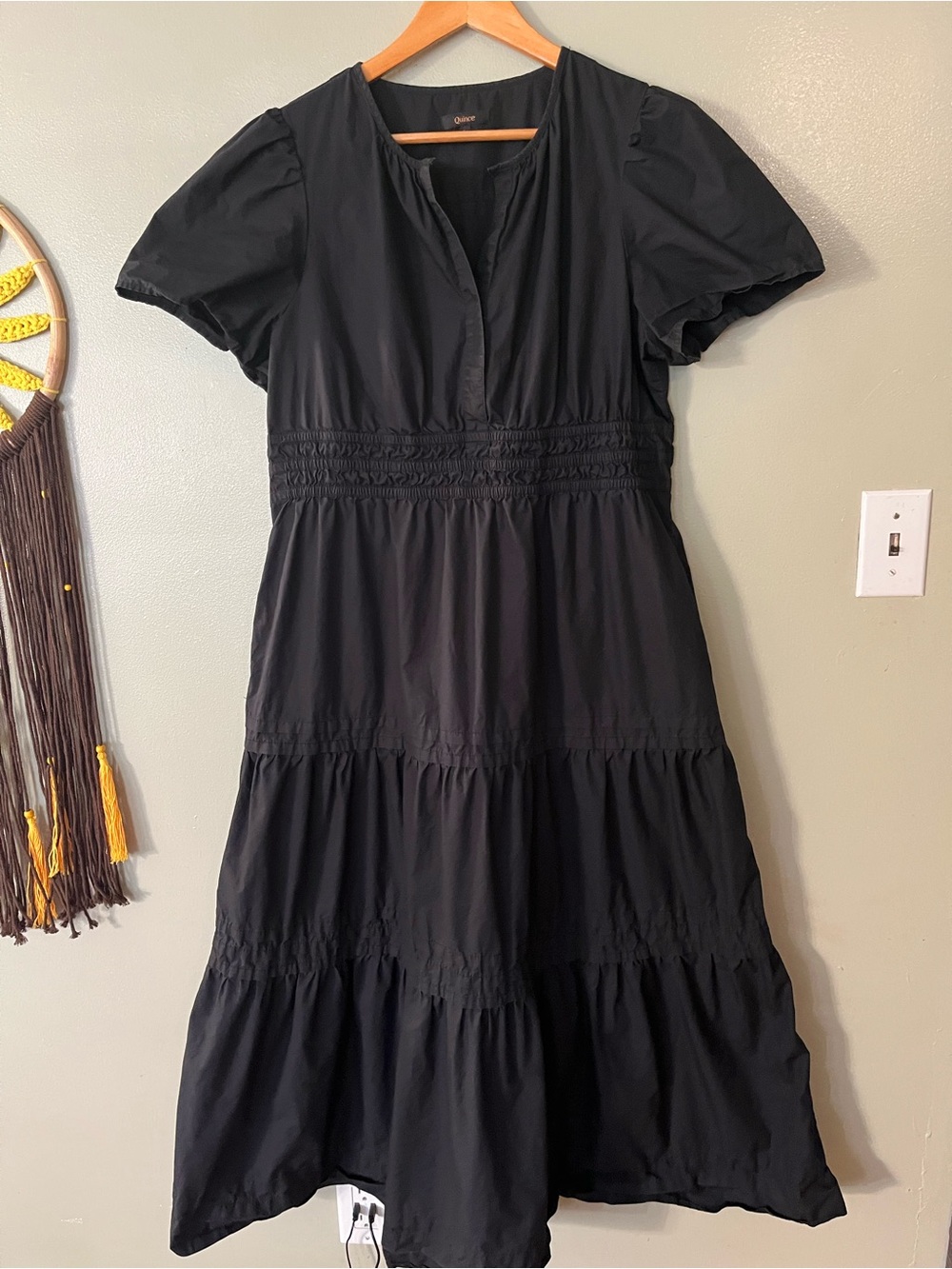 Quince Black Women's Tiered Short-Sleeve Dress Midi Organic Cotton Pockets L